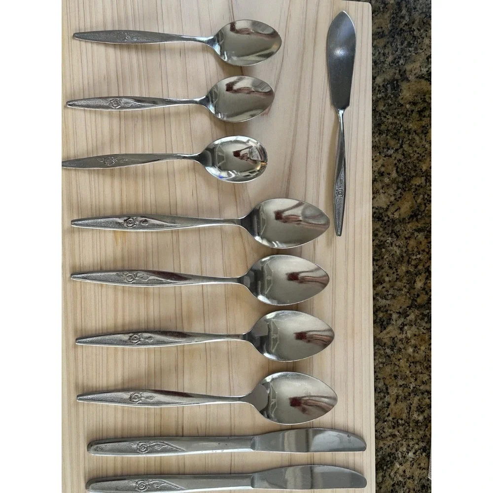 12 Pc  Lot Utica Satin Rose Knives, Spoons‎ Stainless Japan